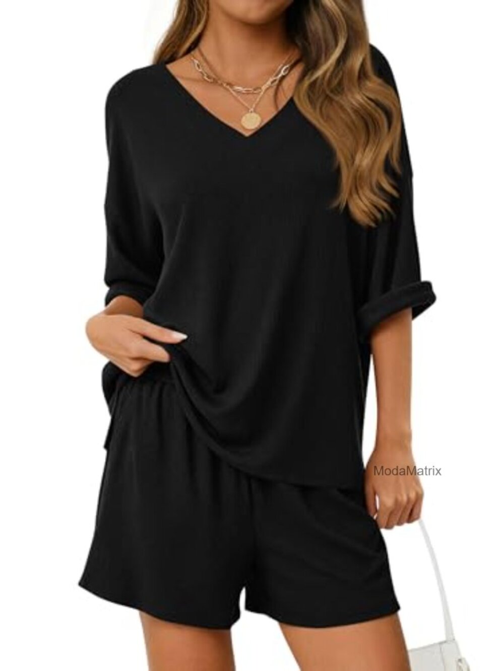 Women's 2 Piece Lounge Set V Neck Half Sleeve Top & Shorts Relaxed Fit Summer